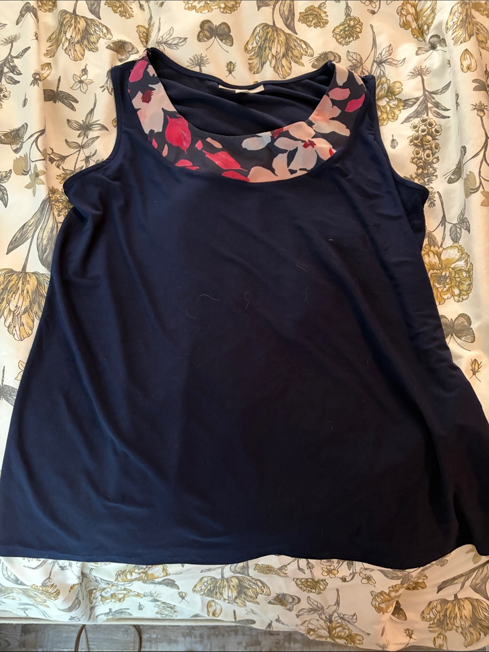 Woman Within Navy Tank with Floral Scoop Neck